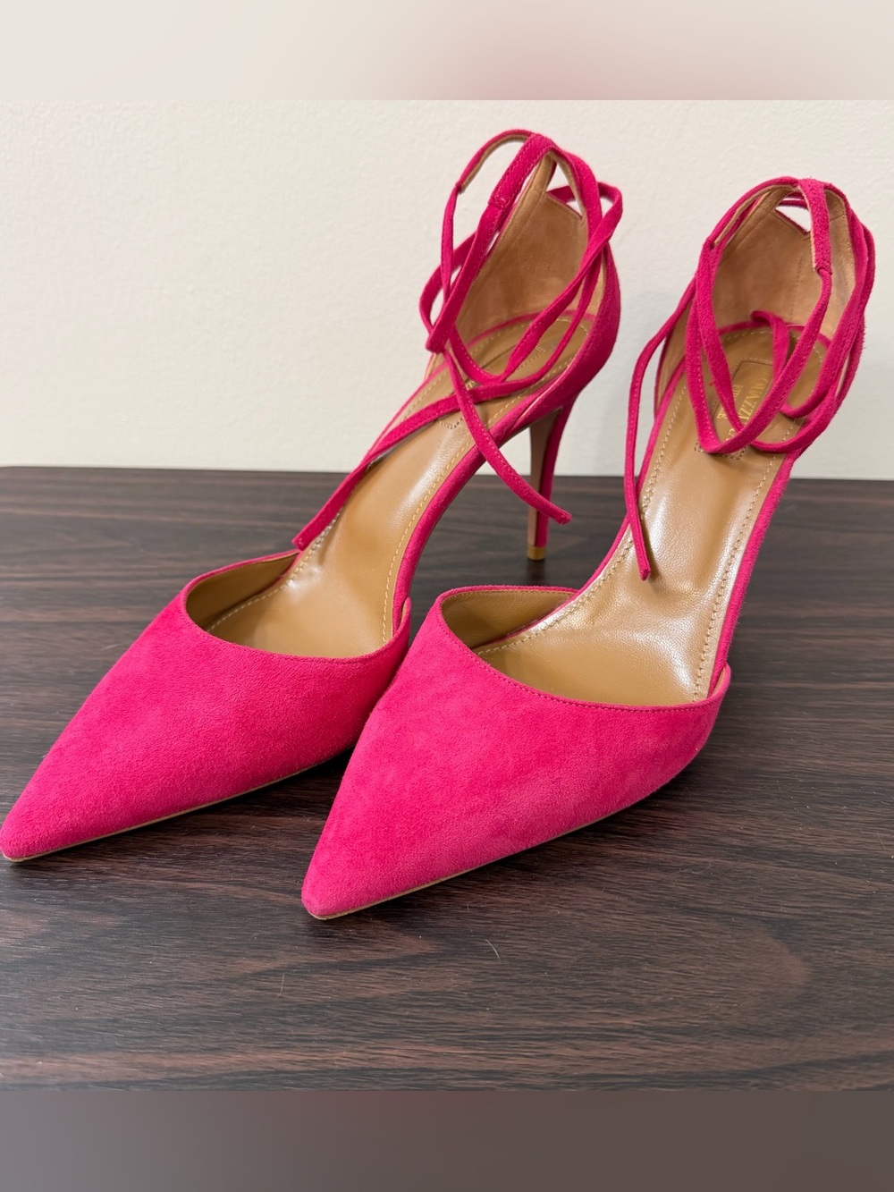 Aquazzura Hot Pink Suede Lace Up Pumps Heels Size 39 Made in Italy